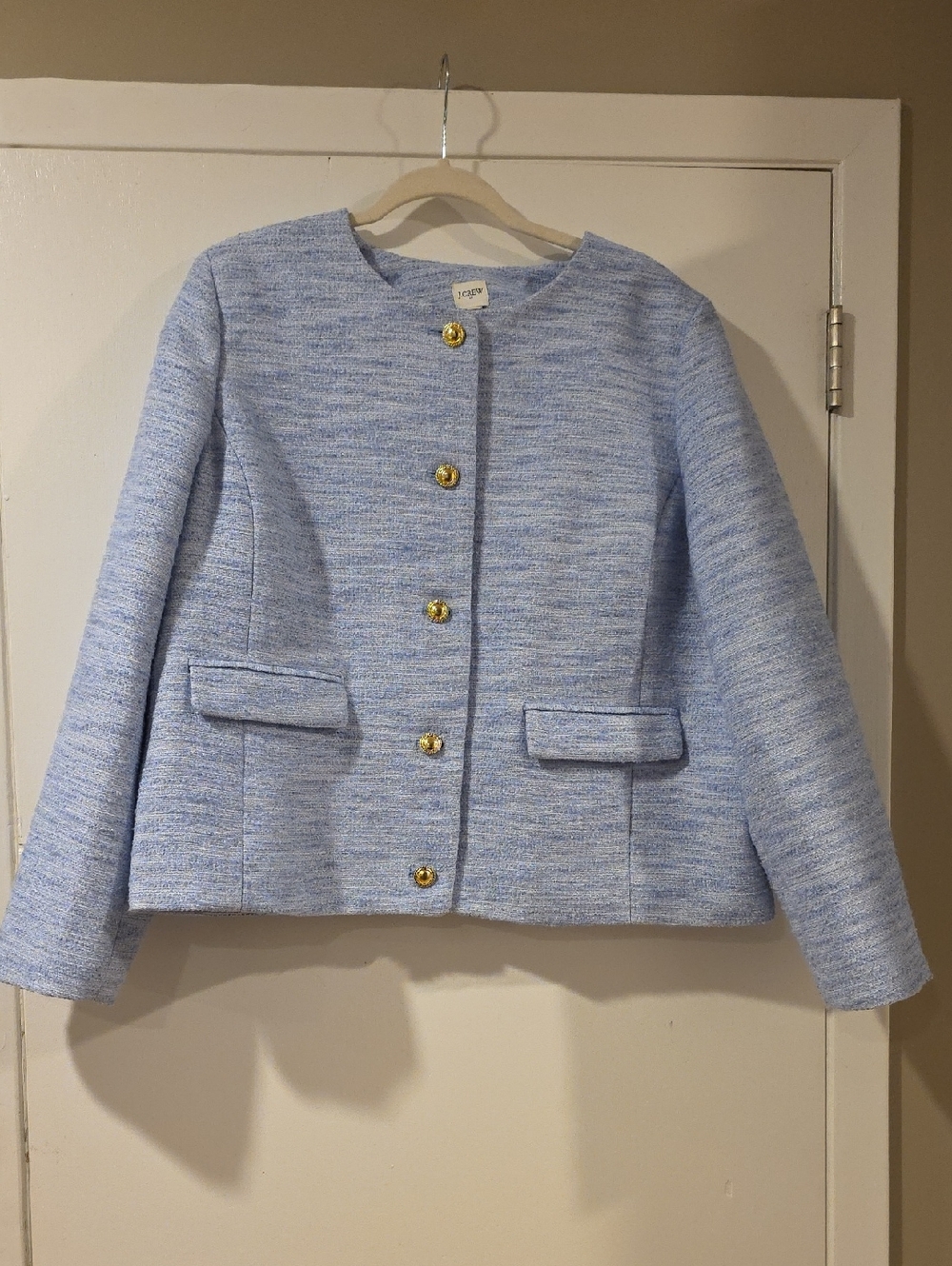 Light Blue Tweed Collarless Button Jacket